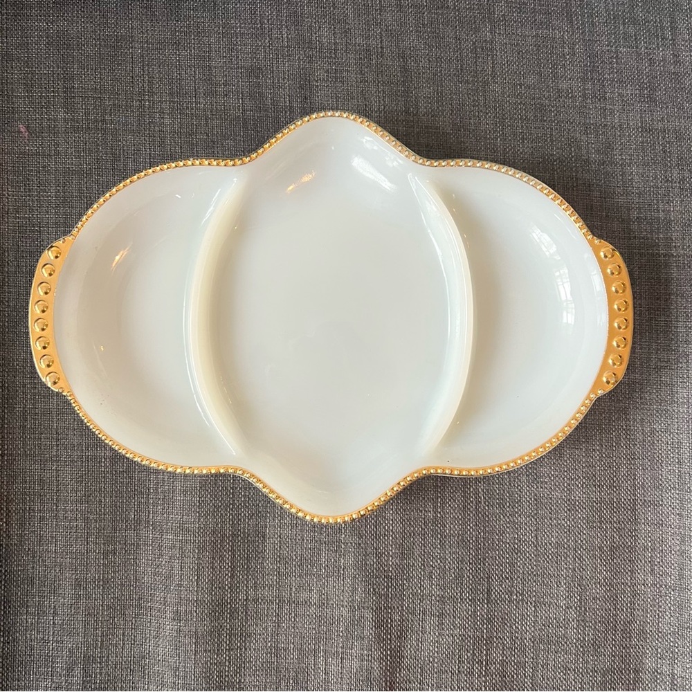 Vintage Fire King Oven gold trim milk glass excellent condition sectione…